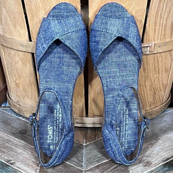 Toms Chambray Blue Platform Adjustable Cork Wedge Sandals Womens Size 7.5 - Picture 10 of 12